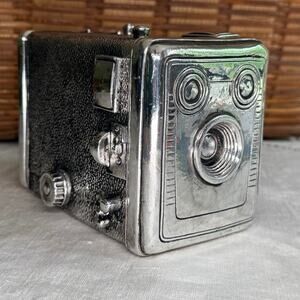 Vintage W. E. Smithe Hinged Black Velvet Lined Silver Toned Camera Trinket Box